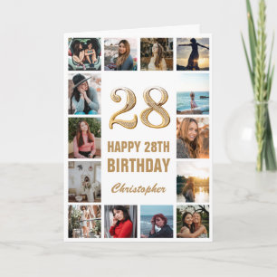 Cartão Colagem de Fotos Branca e Dourada de Feliz Anivers