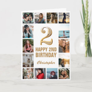 Cartão Colagem de Fotos Branca e Dourada de Feliz Anivers