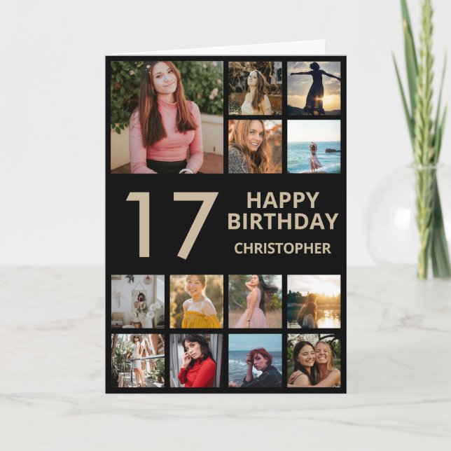 Cartão Colagem de Fotos de 17.º Aniversário 13 Fotos Pret (Frente)