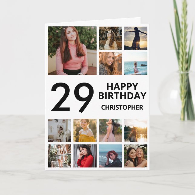 Cartão Colagem de Fotos de Aniversário 13 Fotos Pretas Br (Frente)