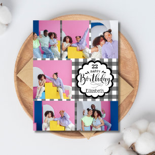 Cartão Colagem de Fotos de Aniversário em Preto e Branco 