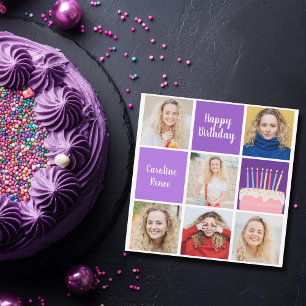 Cartão Colagem de Fotos de Aniversário Roxo Personalizada