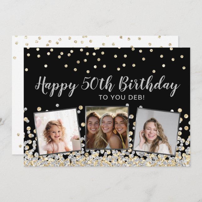 Cartão Colagem de Fotos de Confetti Dourada Prata 50º Ani (Frente/Verso)