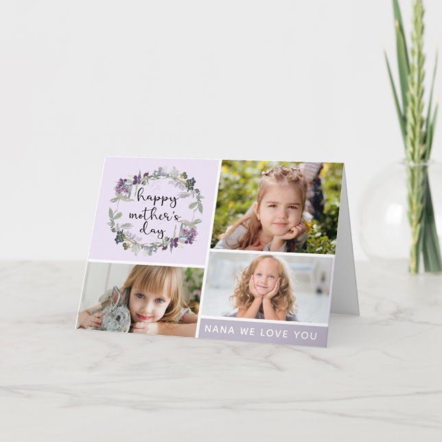 Cartão Colagem de Fotos do Dia de as mães Floral Nana (Frente)