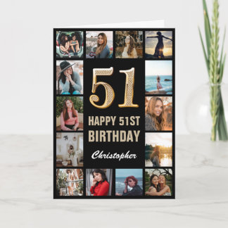 Cartão Colagem de Fotos Dourada e Preta de Aniversário Fe