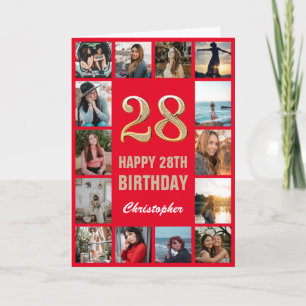Cartão Colagem de Fotos Feliz Aniversário Vermelho e Dou