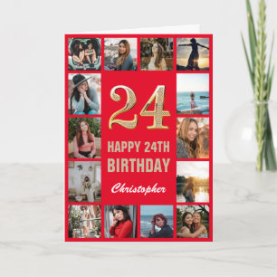 Cartão Colagem de Fotos Feliz Aniversário Vermelho e Dou