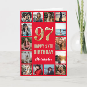 Cartão Colagem de Fotos Feliz Aniversário Vermelho e Dou