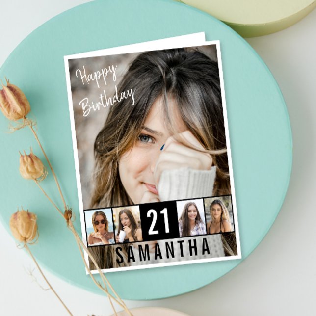 Cartão Colagem de Fotos Personalizada de Aniversário (Celebrate big with a custom birthday card featuring 6 photos and your own heartfelt message!)