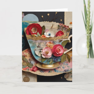 Cartão Colagem de Mídia Mista do Teacup e Flores