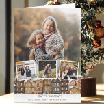 Cartão Colagem de Quatro Fotos da Vila Snowy Winter<br><div class="desc">Ilustração de feriado com uma fila de casas com telhados cobertos de neve,  três modelos de fotos quadradas e um modelo de fundo fotográfico orientado para retratos com campos de texto editáveis.</div>