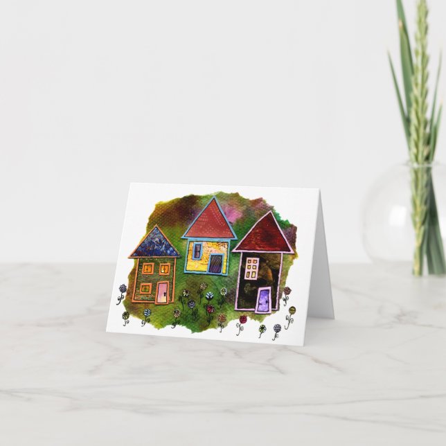 Cartão Colagem de três casas com flores (Frente)