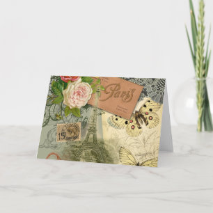 Cartão Colagem de Viagem da Vintage Eiffel Tower Paris Fr