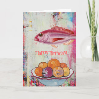 Cartão Colagem Digital de Peixe e Fruta Rosa, Aniversário