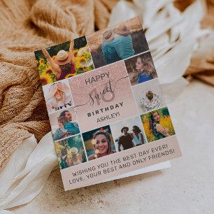 Cartão Colagem fotográfica moderna, doce, 16 anos cor-de-