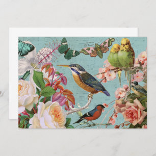 Cartão Colagem Vintage Ephemera Rosas Borboletas e Aves