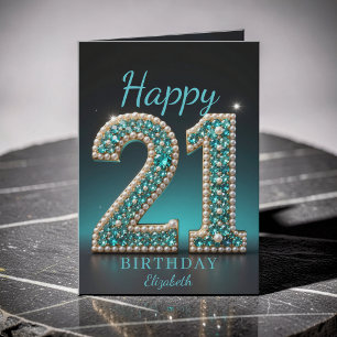 Cartão Colar de Pérola Teal Diamante Glam 21º Aniversário