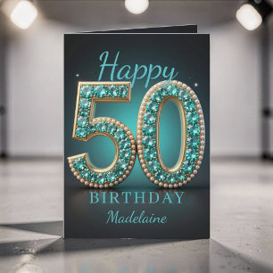 Cartão Colar de Pérola Teal Diamante Glam 50º Aniversário