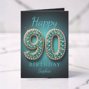 Cartão Colar de Pérola Teal Diamante Glam 90º Aniversário