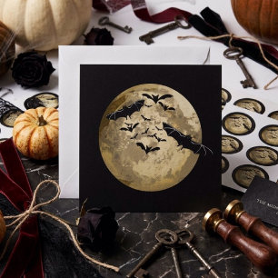 Cartão Colheita de Halloween Lua Cheia e Morcegos em Voo