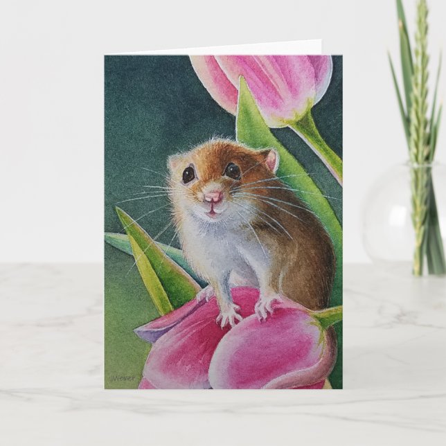 Cartão Colheita De Mouse Na Arte De Aquarela Com Tulipa R (Frente)