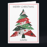 Cartão Collage Árvore de Natal<br><div class="desc">Apresenta uma colagem de árvore de Natal em uma paleta colorida de vermelho e verde. Personalize com um nome na frente,  sua própria mensagem no dentro e seu nome na seção "de".</div>