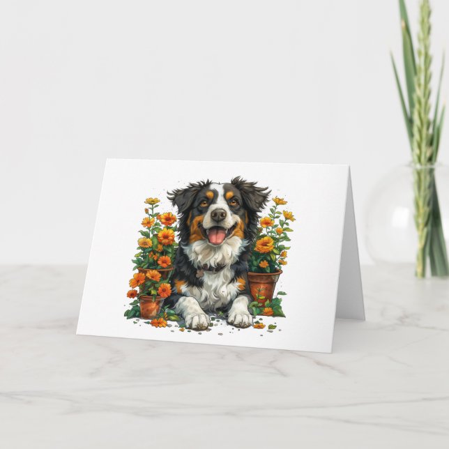 Cartão Collie De Borda Corta Em Flores (Frente)