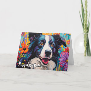 Cartão Collie de borda de desenho em um jardim personaliz