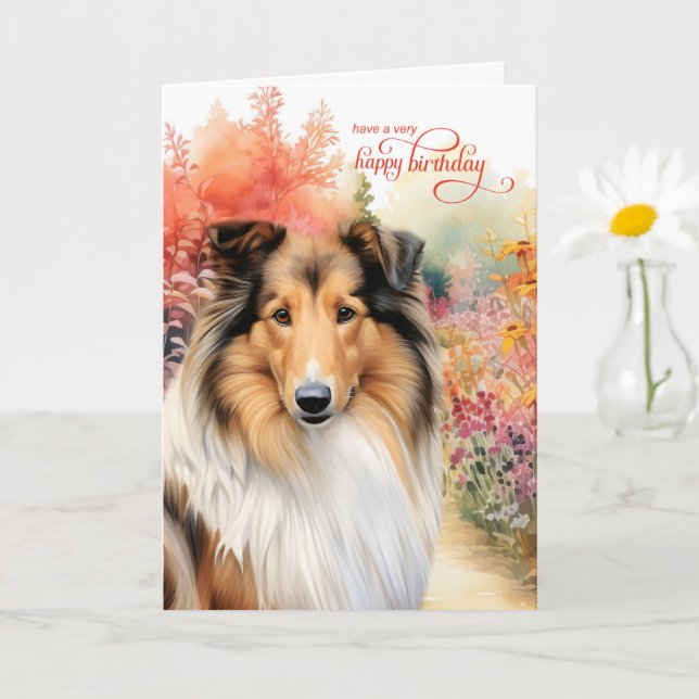 Cartão Collie Dog Birthday Wishes Flower Garden (Planta pequena)