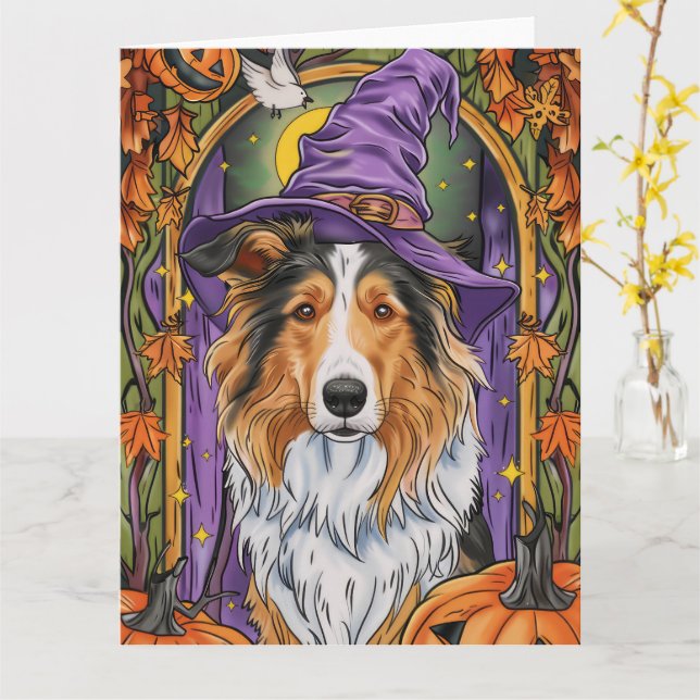 Cartão Collie Dog Halloween Pumpkin (Flor Amarela)