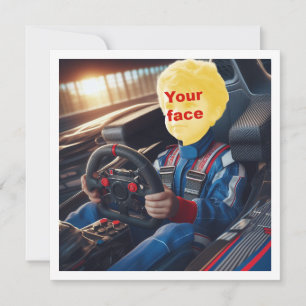 Cartão Coloque meu rosto na imagem, carro de corrida da f