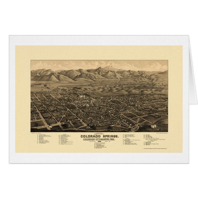 Cartão Colorado Springs, mapa panorâmico do CO - 1882 (Frente Horizontal)