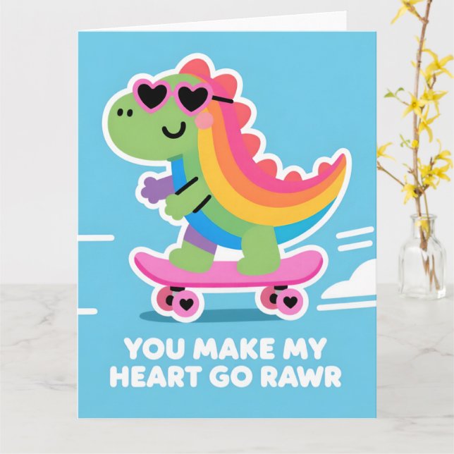 Cartão Colorful Dino Love Funny Valentine Card (Flor Amarela)