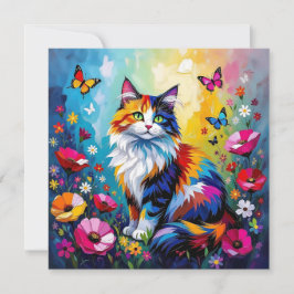 Cartão Colorful Impasto Cat, Flowers and Butterflies