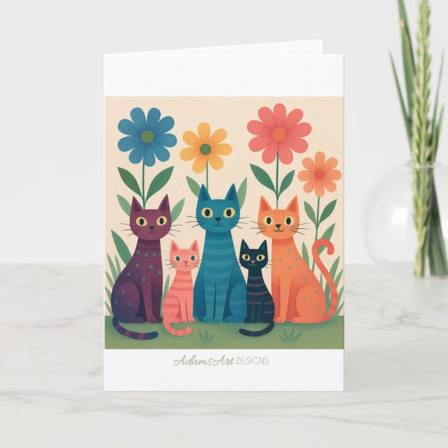 Cartão Colorful Retro Cats in Flower Garden – Whimsical (Frente)