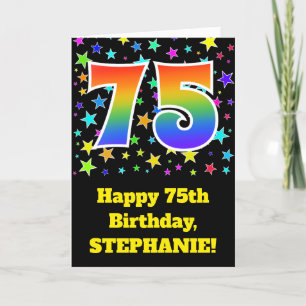 Cartão Colorful Stars + Rainbow Pattern "75" Birthday #