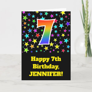Cartão Colorful Stars + Rainbow Pattern "7" Birthday #
