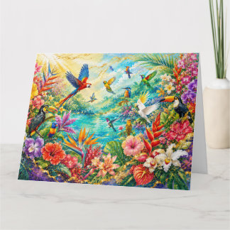 Cartão Colorful Tropical Garden Birds & Exotic Flowers|