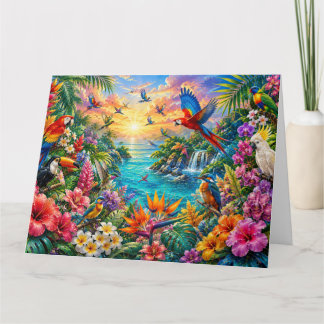 Cartão Colorful Tropical Paradise Exotic Birds & Flowers