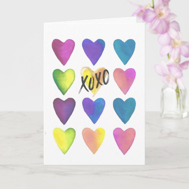 Cartão Colorful Watercolor Hearts XOXO Valentine’s Day  (Orquídea)