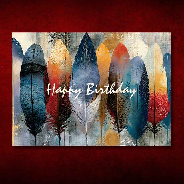 Cartão Colorido Feliz Aniversário Boho Penas (Colorful Boho Feathers Happy Birthday Card Front)