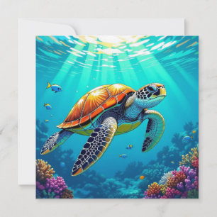 Cartão Colorido Tartaruga Marinha Vibrante Em Branco