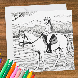Cartão Colorindo Imagem Colorida Menina Cavalgando Pônei