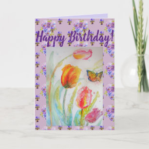 Cartão Colourful Tulip and Butterfly Watercolour art Card