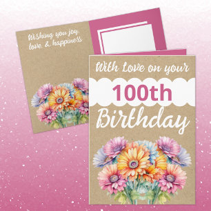 Cartão Com amor 100º aniversário flores gerbera rosa