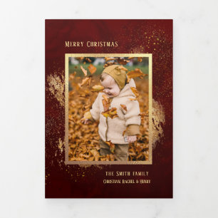 Cartão Com Dobra Tripla Abstrato Dourado Sparkles em uma foto vermelha pro