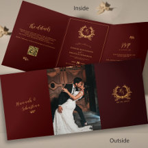 Burgundy Dourado Monograma Foto QR | RSVP Casament