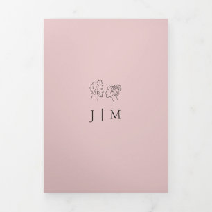 Cartão Com Dobra Tripla Casamento Formal Noiva Noivo Minimalista Rosa Bege