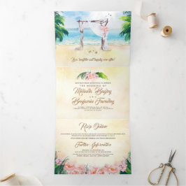 Cartão Com Dobra Tripla Casamento Romântico com o Porto de Praia Tropical