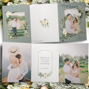 Cartão Com Dobra Tripla Chic Sage Christmas Botanical w/Dourada Arch Photo